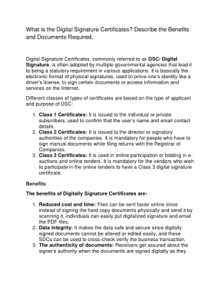 What is the Digital Signature Certificates? Describe the Benefits and Documents