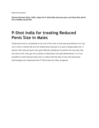 P-Shot India for treating Reduced Penis Size in Males