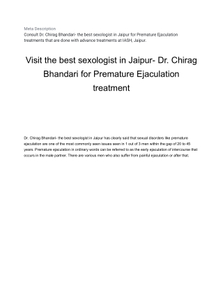 Visit the best sexologist in Jaipur- Dr. Chirag Bhandari for Premature Ejaculation treatment