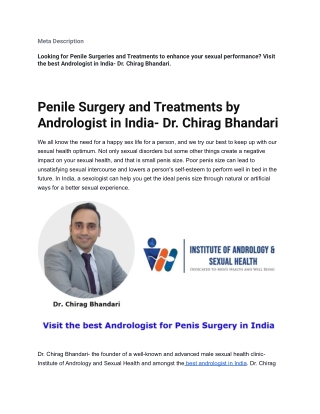 Penile Surgery and Treatments by Andrologist in India- Dr. Chirag Bhandari