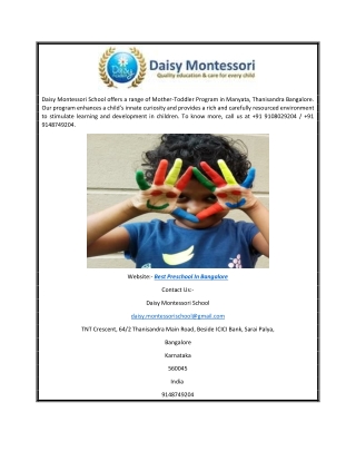 Best Preschool In Bangalore | Daisy Montessori School