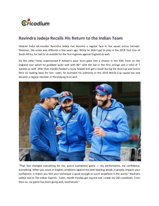 Ravindra Jadeja Recalls His Return to the Indian Team