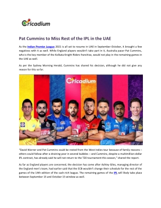 Pat Cummins to Miss Rest of the IPL in the UAE