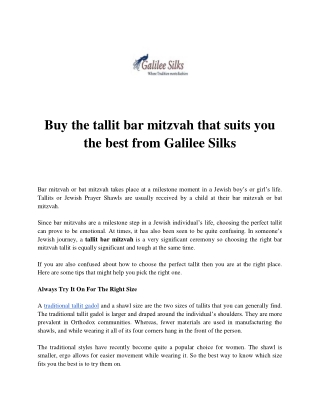 Buy the tallit bar mitzvah that suits you the best from Galilee Silks