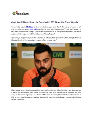 Virat Kohli Describes His Bond with MS Dhoni in Two Words