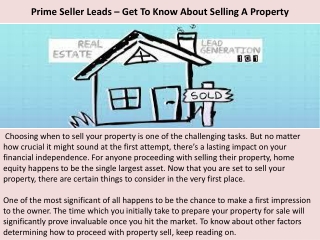 Prime Seller Leads – Get To Know About Selling A Property