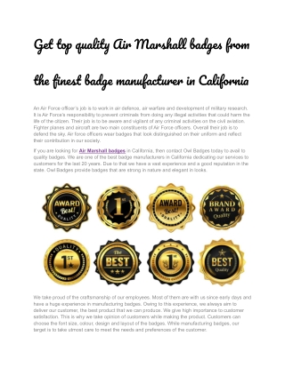 Get top quality Air Marshall badges from the finest badge manufacturer in California