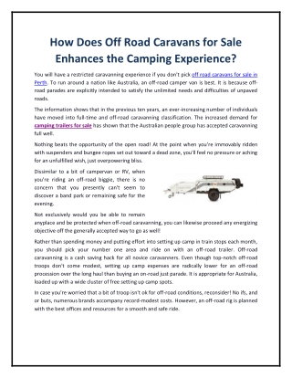 How Does Off Road Caravans for Sale Enhances the Camping Experience