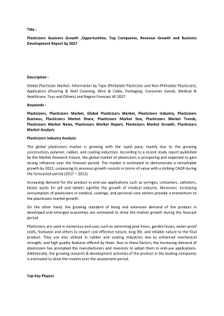 Plasticizers Market Analysis