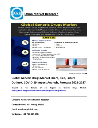 Global Generic Drugs Market Share, Size, Future Outlook, COVID-19 Impact Analysis, Forecast 2021-2027