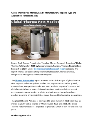 Global Thermo Pots Market Size Study By Type and Regional Forecasts to 2026