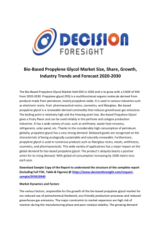 Bio-Based Propylene Glycol Market Analytical Overview, Growth Factors, Demand and Trends Forecast to 2030