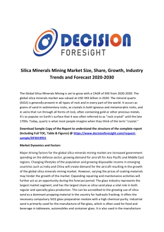 Silica Minerals Mining Market by Companies, Growth, Competitors Analysis, New Technology and Forecast to 2030