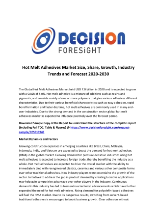 Hot Melt Adhesives Market Report 2020, Trends, Opportunities, Competitive Landscape and Forecast 2030