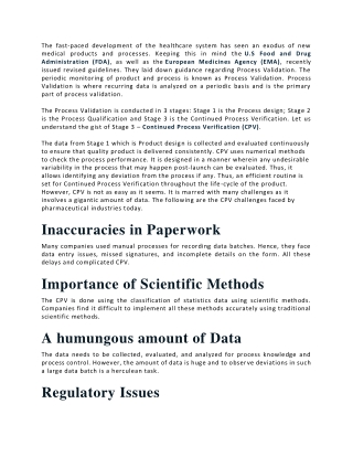 Challenges of Continued Process Verification (CPV) in the Pharma Industry