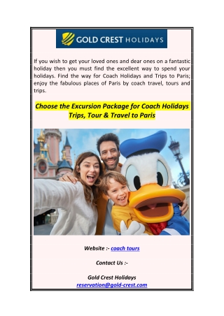 Choose the Excursion Package for Coach Holidays Trips, Tour & Travel to Paris