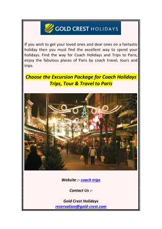 Choose the Excursion Package for Coach Holidays Trips, Tour & Travel to Paris1