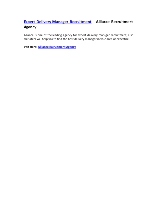 Expert Delivery Manager Recruitment - Alliance Recruitment Agency