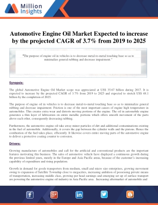 Automotive Engine Oil Market Expected to increase by the projected CAGR of 3.7%