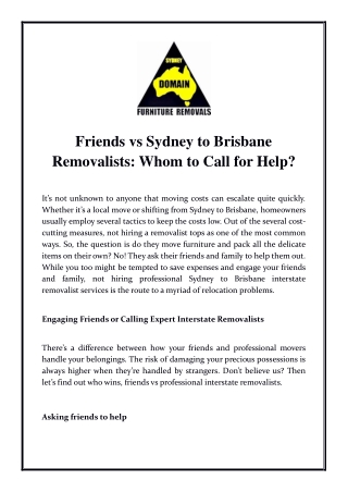 Friends vs Sydney to Brisbane Removalists Whom to Call for Help?