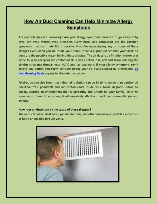 How Air Duct Cleaning Can Help Minimize Allergy Symptoms