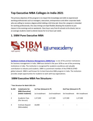 Top Executive MBA Colleges in India 2021