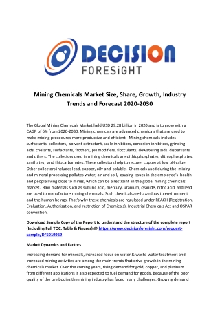 Mining Chemicals Market Report 2020, Trends, Opportunities, Competitive Landscape and Forecast 2030
