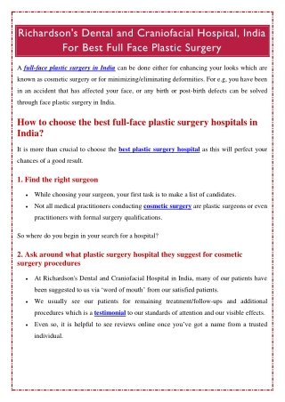 Richardson's Dental and Craniofacial Hospital, India for Best Full Face Plastic