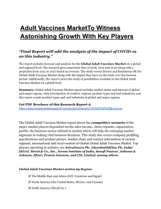 Adult Vaccines MarketTo Showcase Vigorous Demand During The Period Until 2027