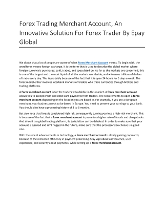 Forex Trading Merchant Account, An Innovative Solution For Forex Trader By Epay