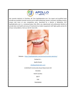 Cosmetic Dentistry in Charlotte NC Apollodentalnc.com