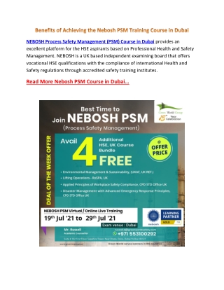 Benefits of Achieving the Nebosh PSM Training Course in Dubai