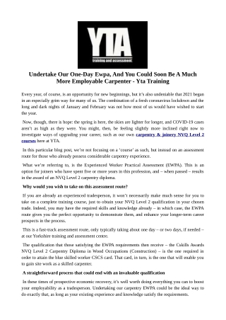 Undertake Our One-Day Ewpa, And You Could Soon Be A Much More Employable Carpenter - Yta Training