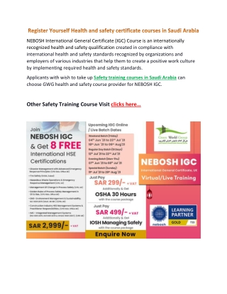 Register Yourself Health and safety certificate courses in Saudi Arabia