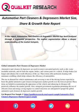 Automotive Part Cleaners & Degreasers Market Research Analysis, Top Key Players