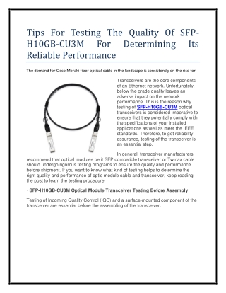 Tips For Testing The Quality Of SFP-H10GB-CU3M For Determining Its Reliable Performance