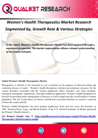 Women’s Health Therapeutics Market Research Segmented by, Growth Rate & Various Strategies