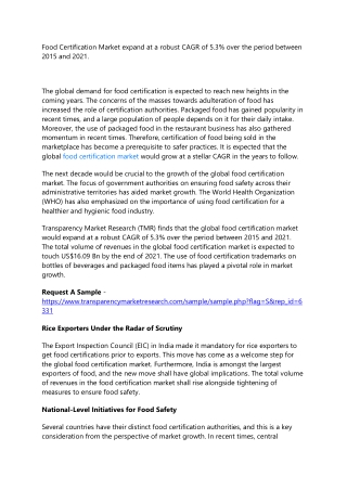 Food Certification Market expand at a robust CAGR of 5.3% over the period betwee