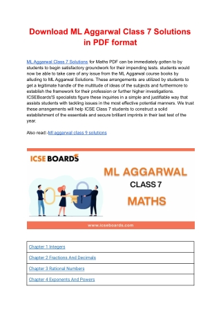 Download ML Aggarwal Class 7 Solutions in PDF format