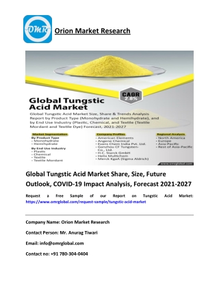 Global Tungstic Acid Market Share, Size, Future Outlook, COVID-19 Impact Analysis, Forecast 2021-2027