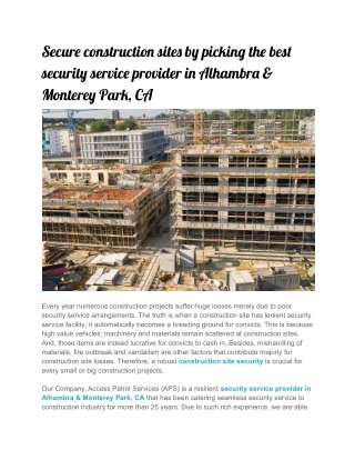 Secure construction sites by picking the best security service provider in Alhambra & Monterey Park, CA