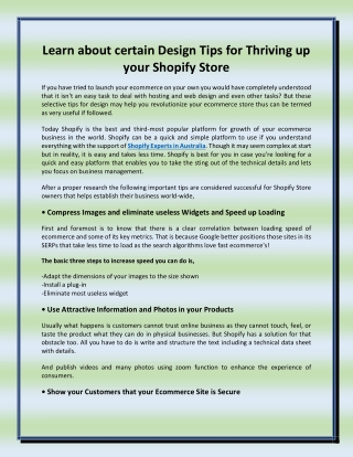 Learn about certain Design Tips for Thriving up your Shopify Store