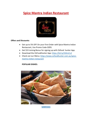 Spice Mantra Indian Restaurant Menu - 5% off - South Lake, WA