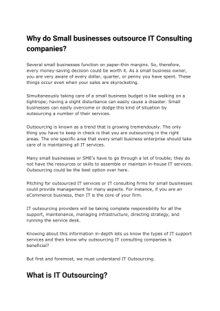 Why do Small businesses outsource IT Consulting companies?