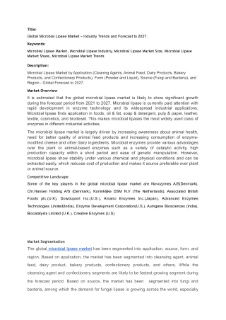 LIPASE MARKET - GROWTH, TRENDS, COVID-19 IMPACT, AND FORECASTS (2021 - 2027)