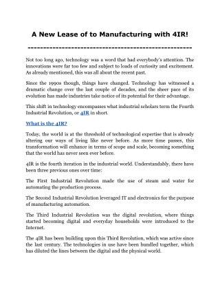 A New Lease of to Manufacturing with 4IR!