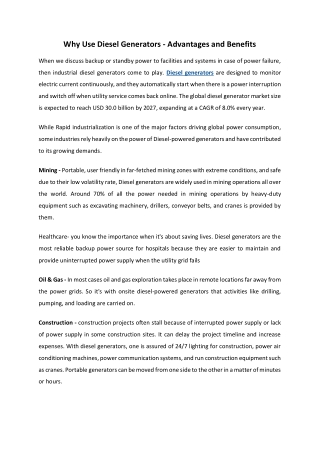 Advantages of Diesel Generator