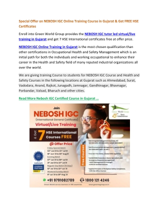 Special Offer on NEBOSH IGC Online Training Course in Gujarat & Get FREE HSE Certificates