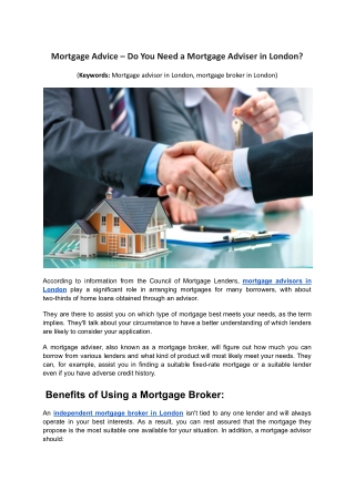 Mortgage Advice - Do You Need a Mortgage Adviser in London