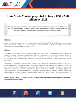 Hair Mask Market projected to touch US$ 22.98 billion by 2025